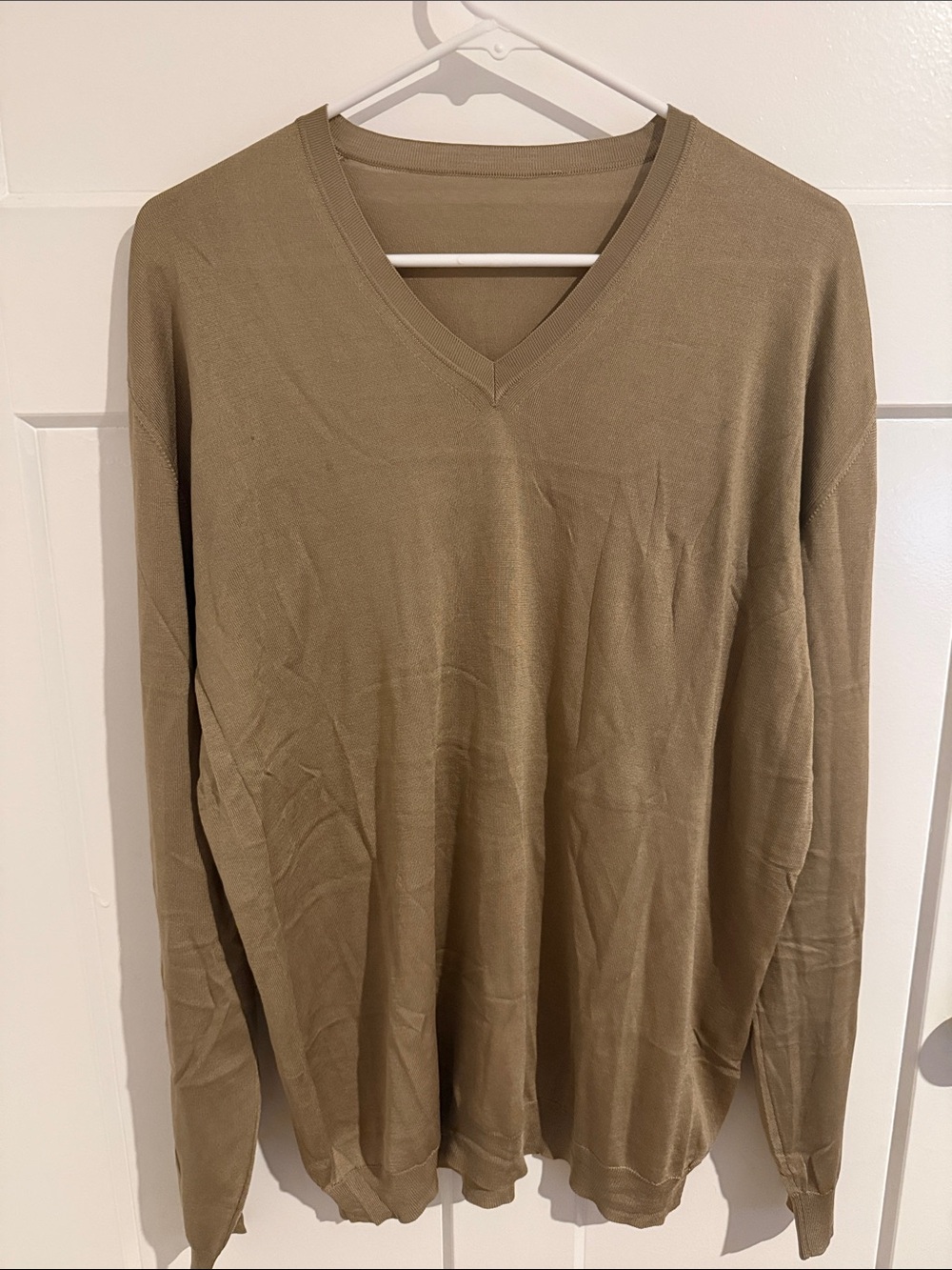 100% Silk Men's V-Neck Sweater in Olive Brown Made in Italy.